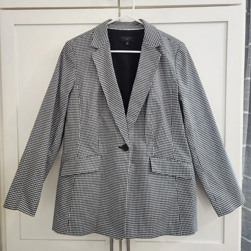 Talbots Gingham Blazer Jacket Petite Womens 14 Black White Office Suit Academia